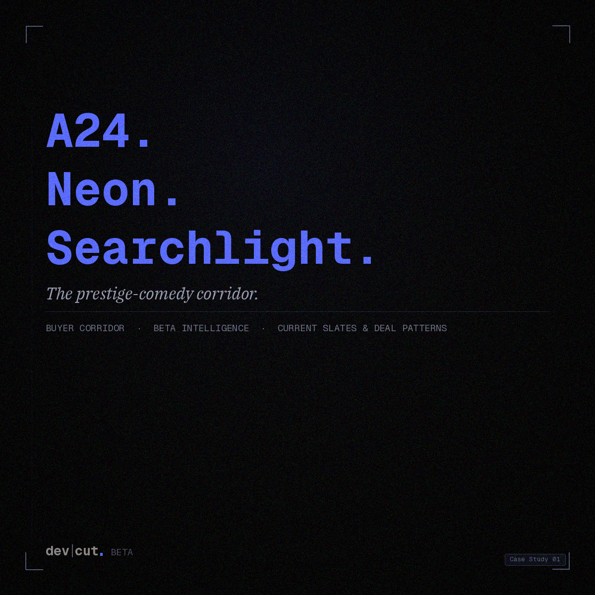 Case Study 01 title card listing A24, Neon and Searchlight as the prestige-comedy buyer corridor.
