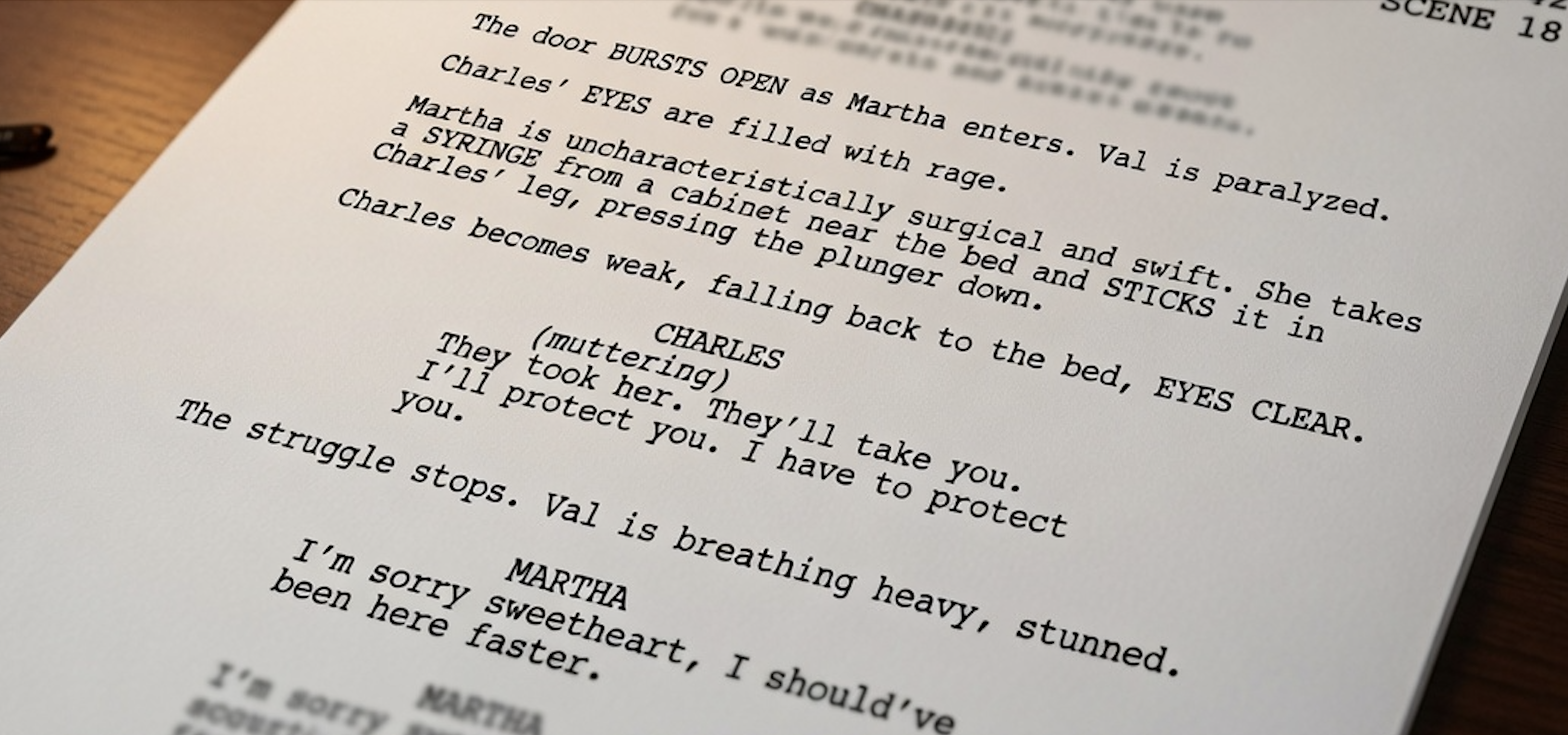A close-up of a printed screenplay page from the pilot&rsquo;s scene 18.