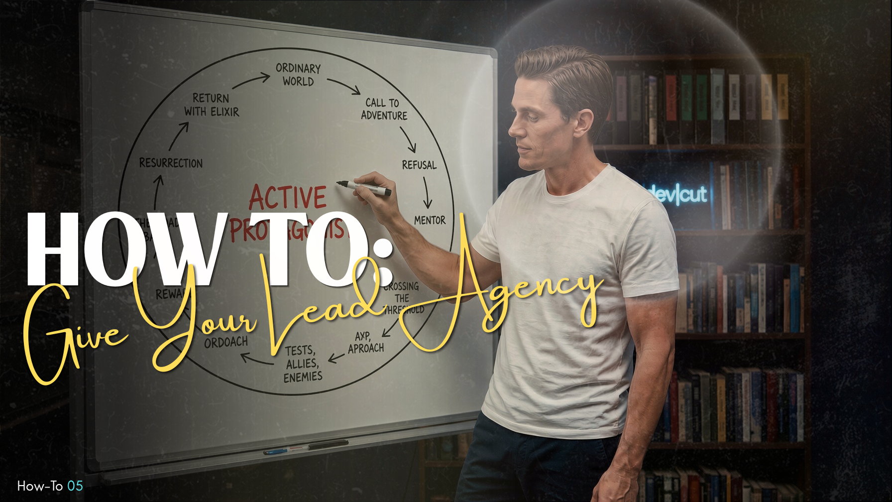 How-To 05 title card &mdash; giving your lead agency, so the story moves because of their choices rather than around them.