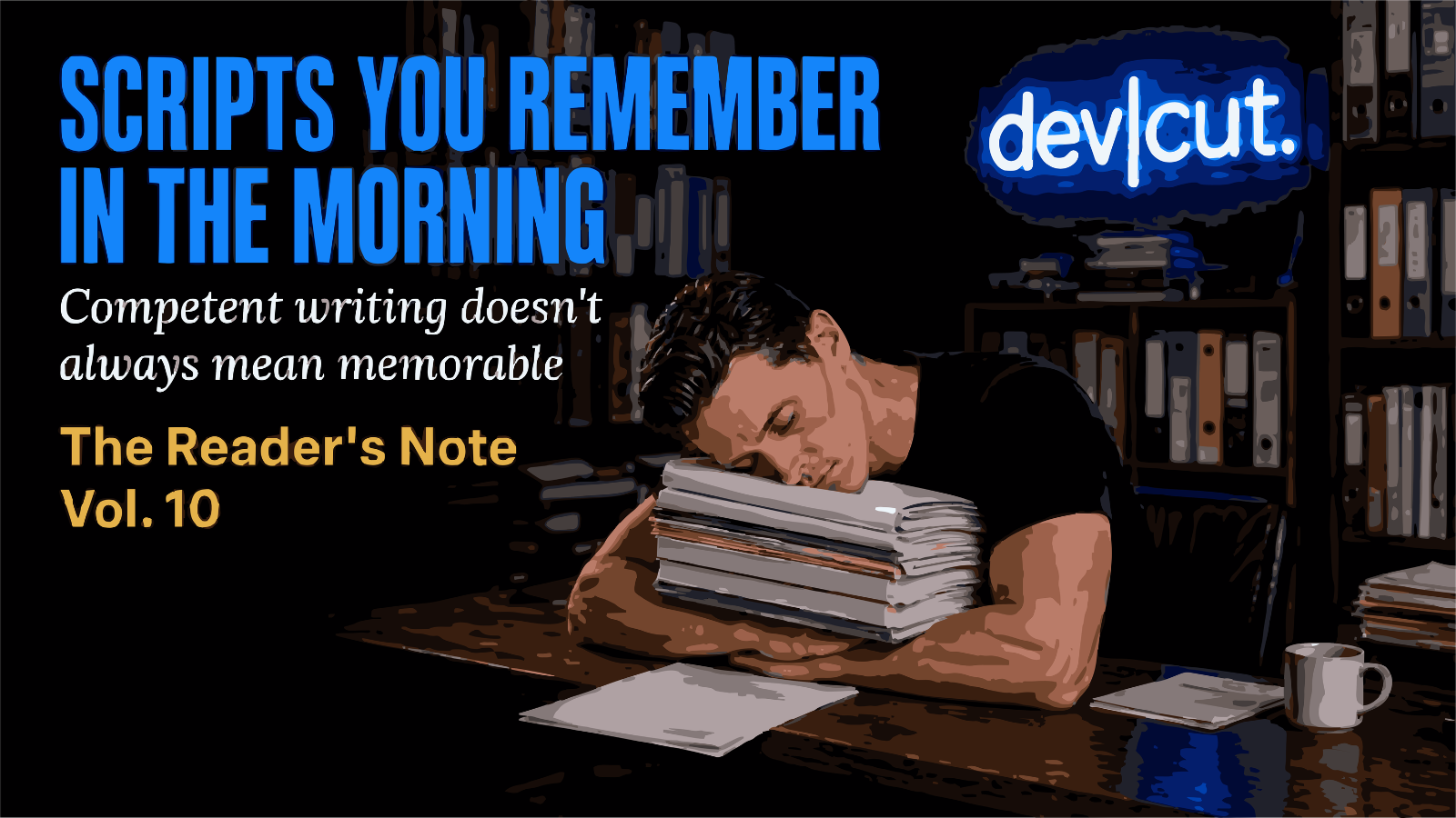 A writer asleep on a stack of scripts beside the headline &lsquo;Scripts You Remember in the Morning.&rsquo;