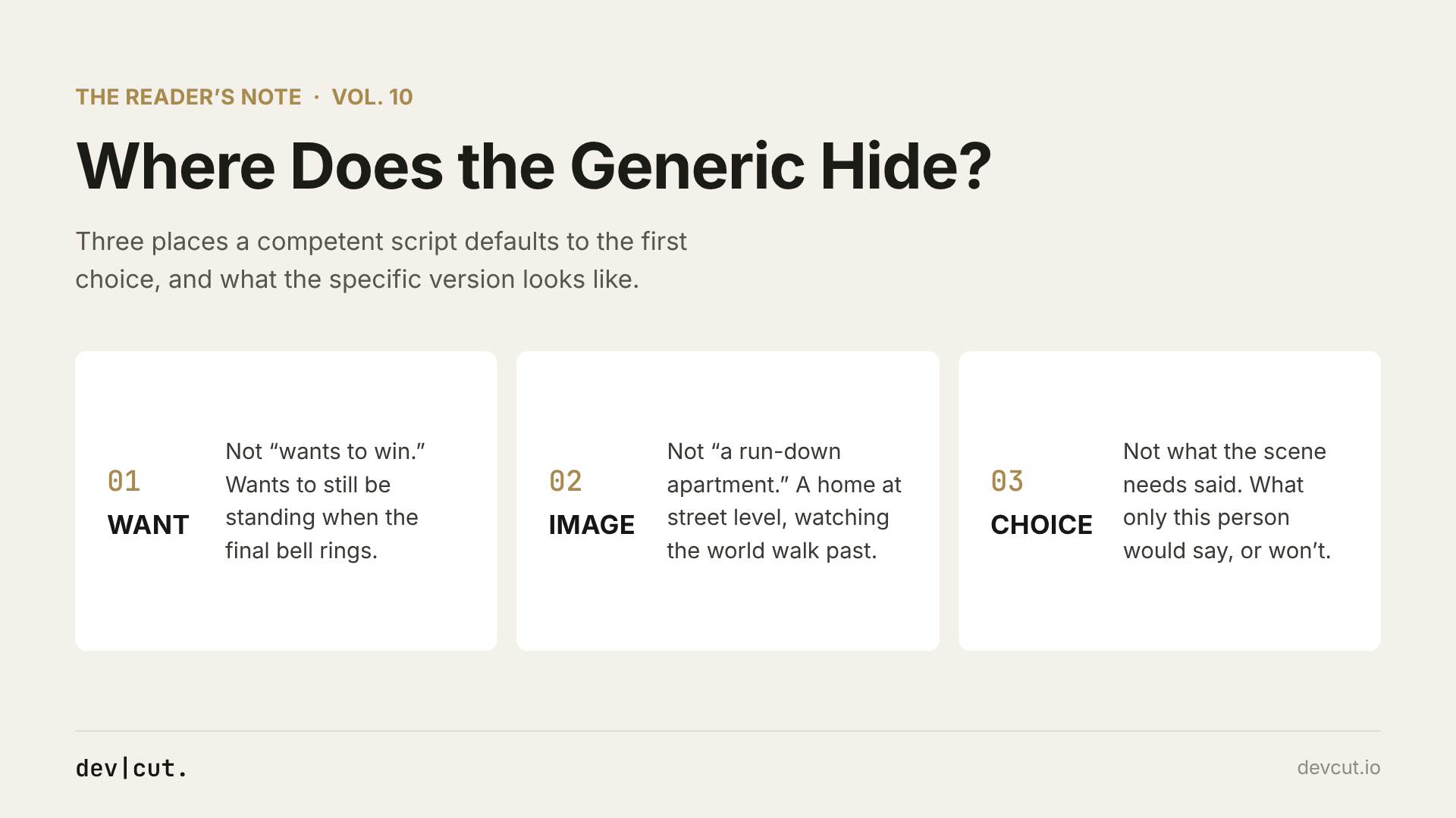 Where does the generic hide? The want, the image, and the choice. &mdash; The Reader's Note, Vol. 10