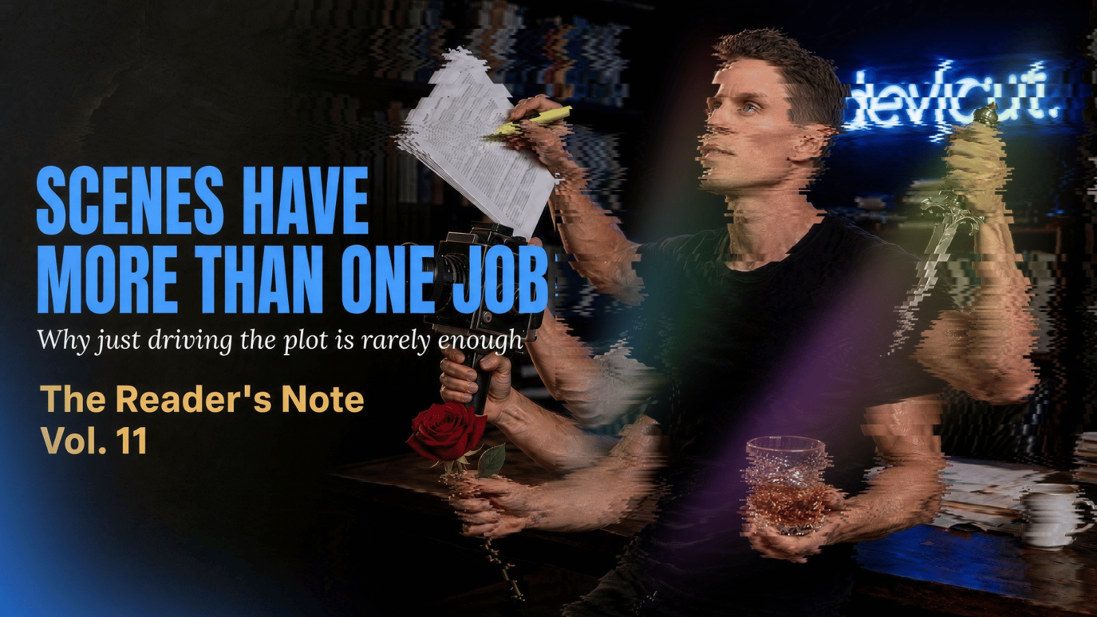 A writer multitasking in blurred motion beside the headline &lsquo;Scenes Have More Than One Job.&rsquo;