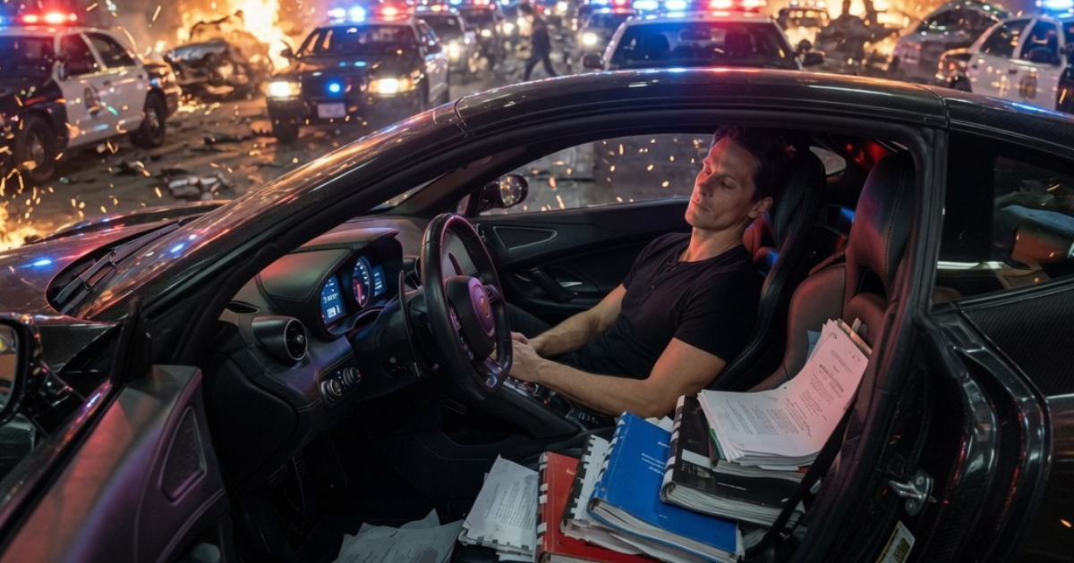 A driver sits calmly at the wheel amid a chaotic action scene, scripts stacked on the passenger seat.