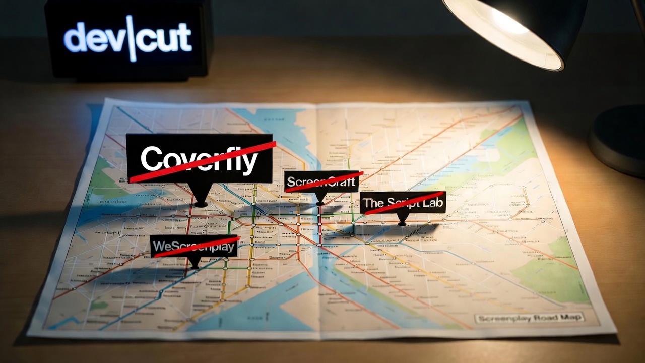 A folded city map with pins for Coverfly, ScreenCraft, WeScreenplay and The Script Lab struck through in red.