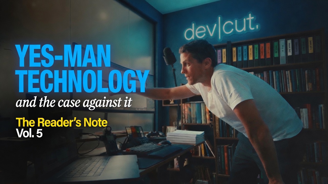 A script reader leans toward a monitor beneath the headline &lsquo;Yes-Man Technology.&rsquo;