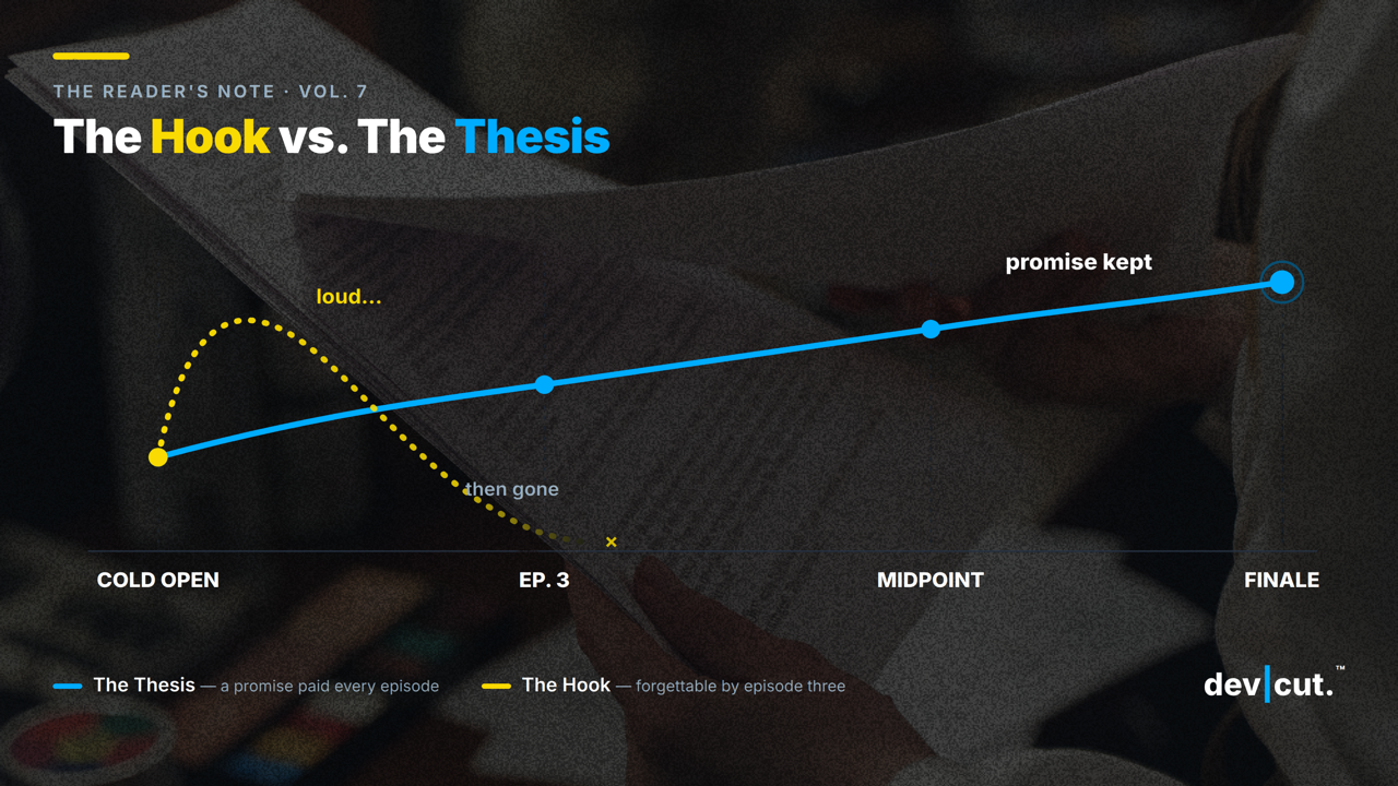 A line chart contrasting the hook, which fades by episode three, with the thesis, a promise paid every episode through the finale. &mdash; The Reader's Note, Vol. 7