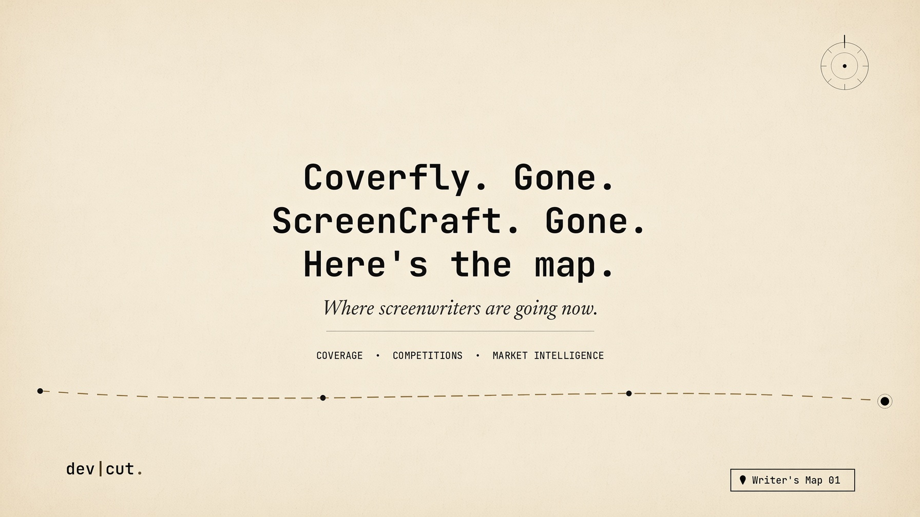 Writer&rsquo;s Map 01 title card &mdash; Coverfly, ScreenCraft and WeScreenplay alternatives for screenwriters.